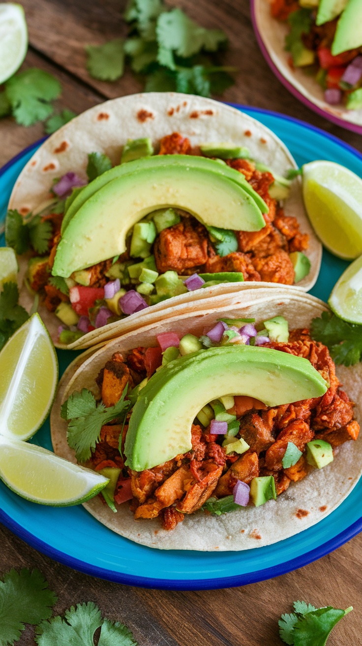 Savory Vegan Jackfruit Tacos Recipe A delicious serving of vegan jackfruit tacos with avocado and cilantro on a wooden table.